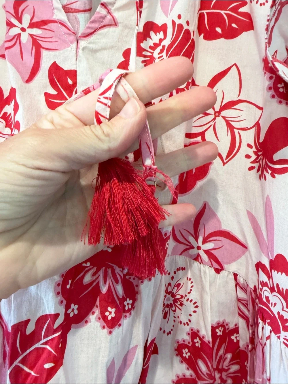 Pinch Pink and Red Floral Maxi Dress Cotton Tassle Tie Front Tiered / medium